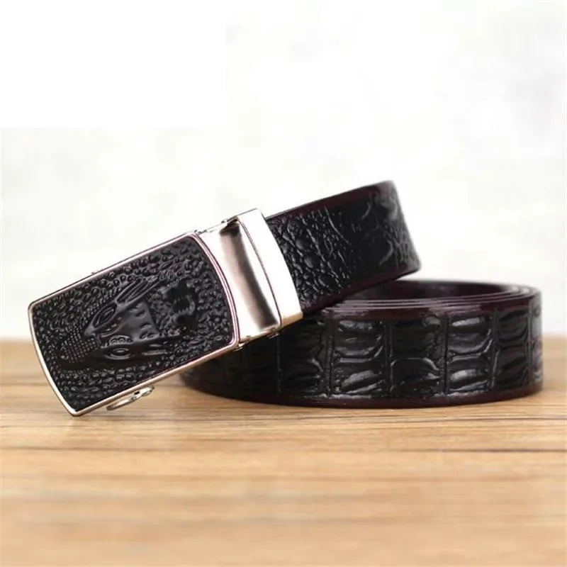 Automatic Buckle Crocodile Leather Textured Pattern Belt for Men