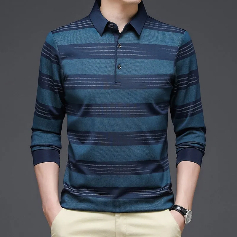 Cotton Contrast Color Striped Pattern Long-Sleeve Polo Shirt for Men