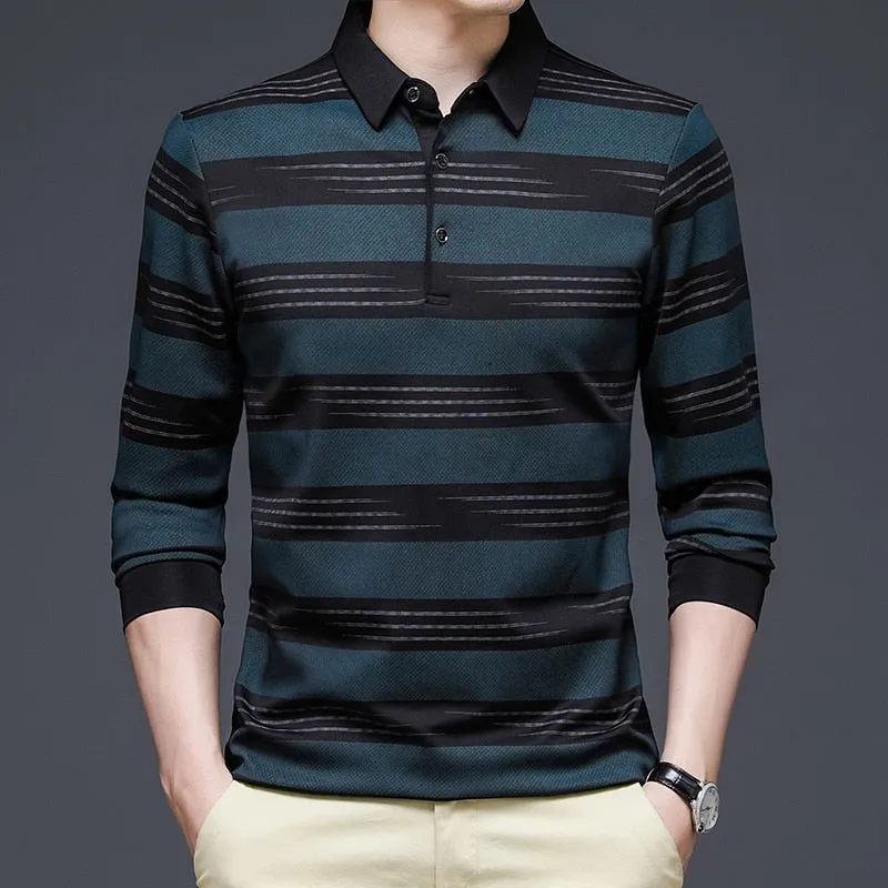 Cotton Contrast Color Striped Pattern Long-Sleeve Polo Shirt for Men