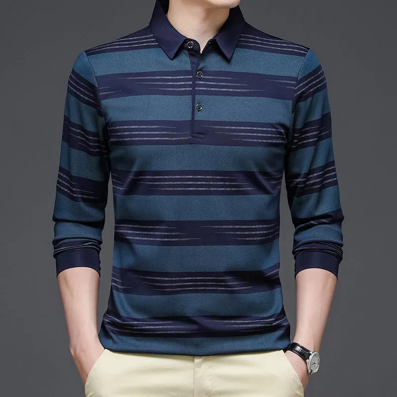 Cotton Contrast Color Striped Pattern Long-Sleeve Polo Shirt for Men