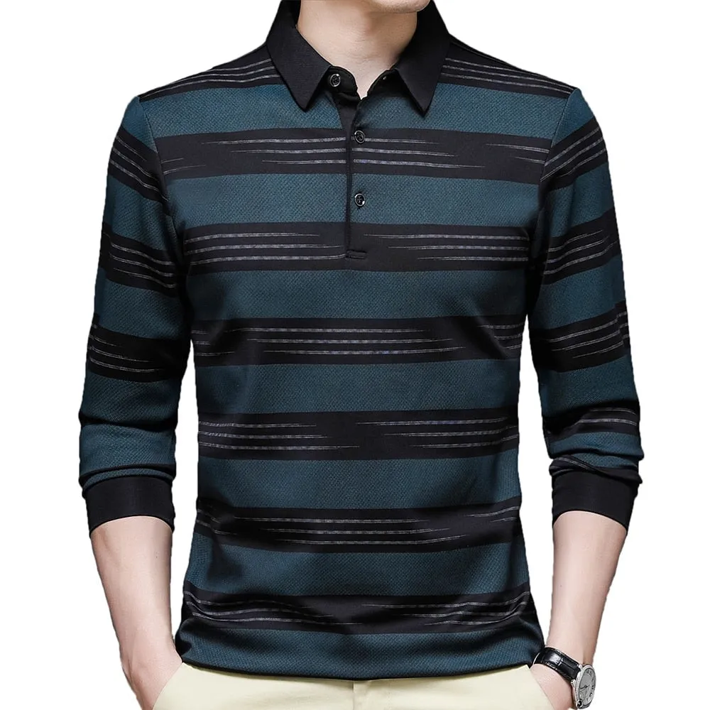 Cotton Contrast Color Striped Pattern Long-Sleeve Polo Shirt for Men