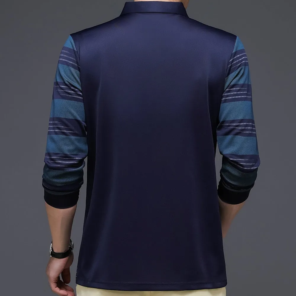 Cotton Contrast Color Striped Pattern Long-Sleeve Polo Shirt for Men