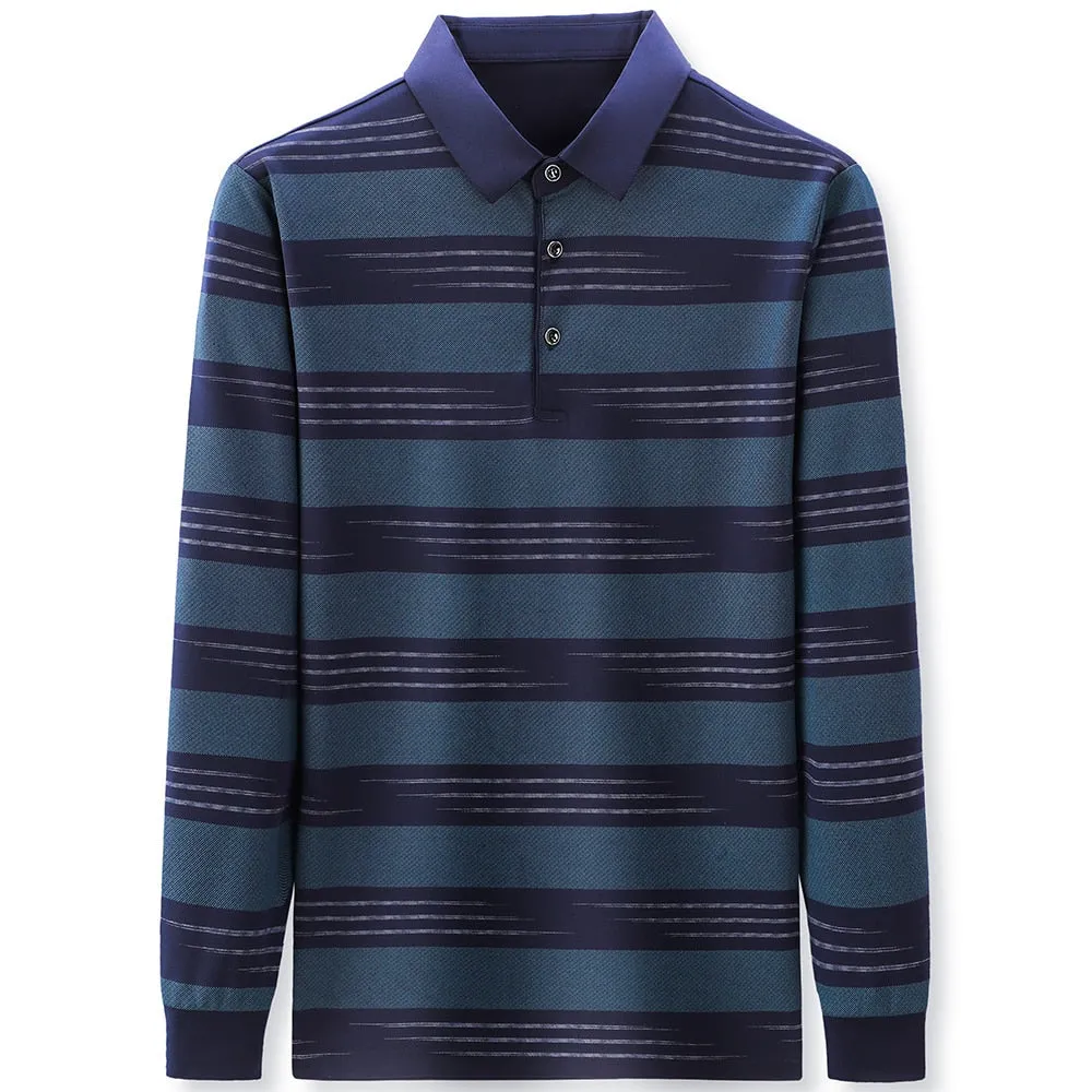 Cotton Contrast Color Striped Pattern Long-Sleeve Polo Shirt for Men