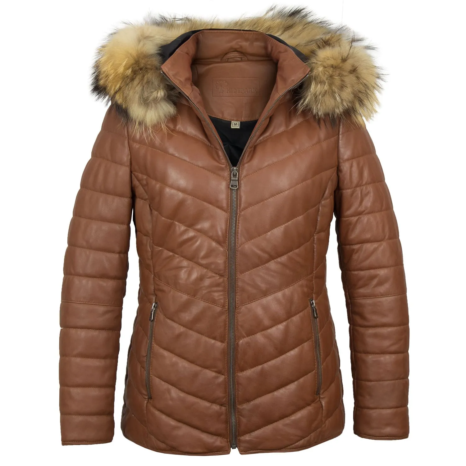 Daisy: Women's Cognac Leather Padded Coat