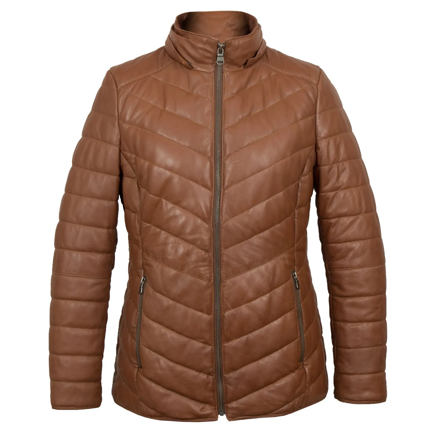 Daisy: Women's Cognac Leather Padded Coat