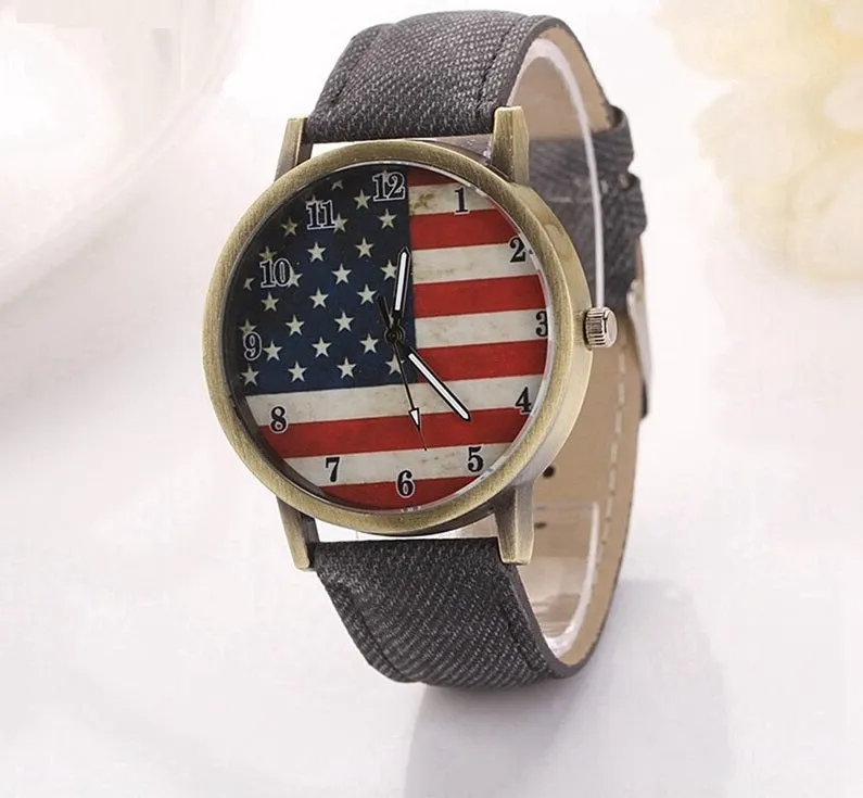 Fashion Vintage Style American Flag Casual Leather Strap Wrist Watch For Women