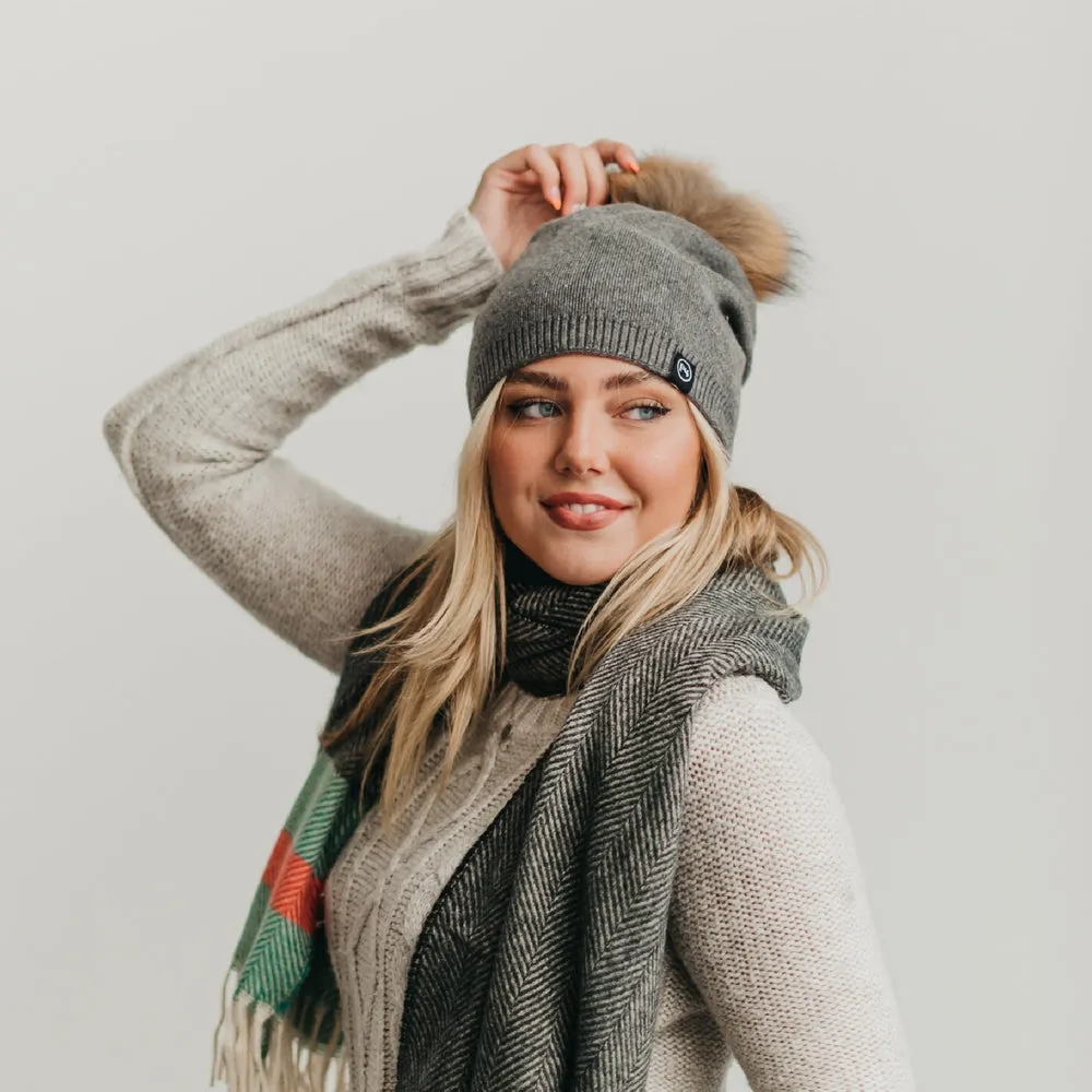 Fine Knit Fur Pom Slouchy Beanie