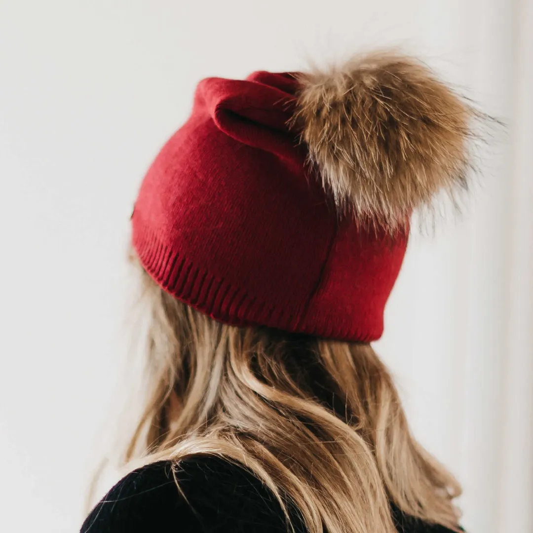 Fine Knit Fur Pom Slouchy Beanie