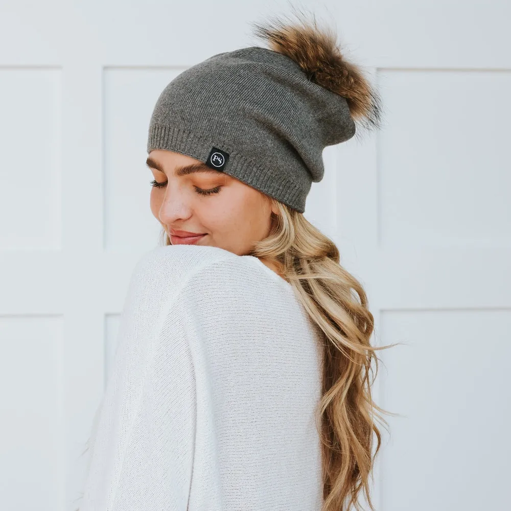 Fine Knit Fur Pom Slouchy Beanie