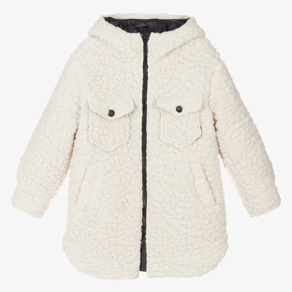 Girls Ivory Sherpa Fleece Hooded Coat