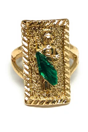 Gold Plated Yellow & Green San Judas Saint Jude Square Ring Anillo