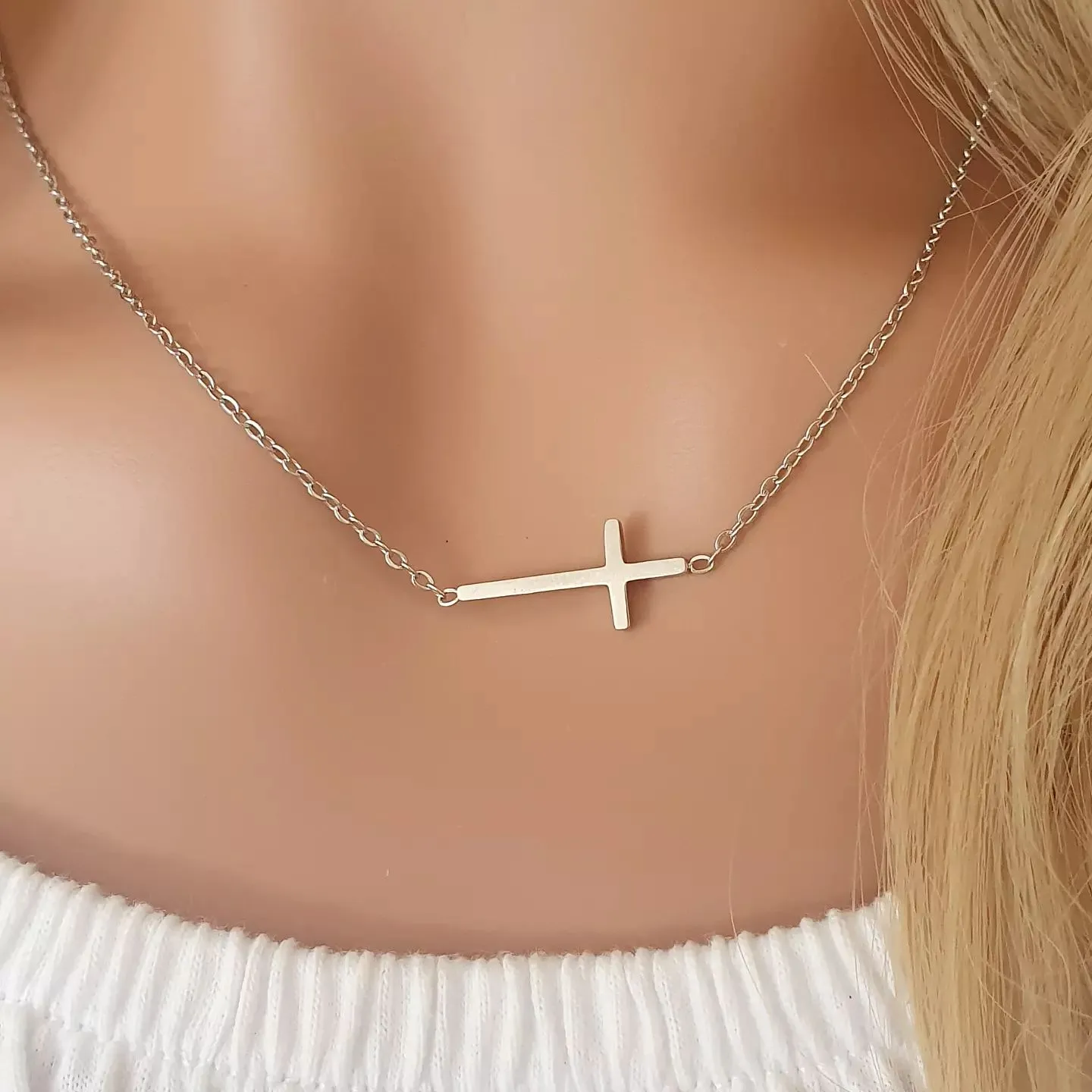 Joy Side Cross Necklace, Stainless Steel