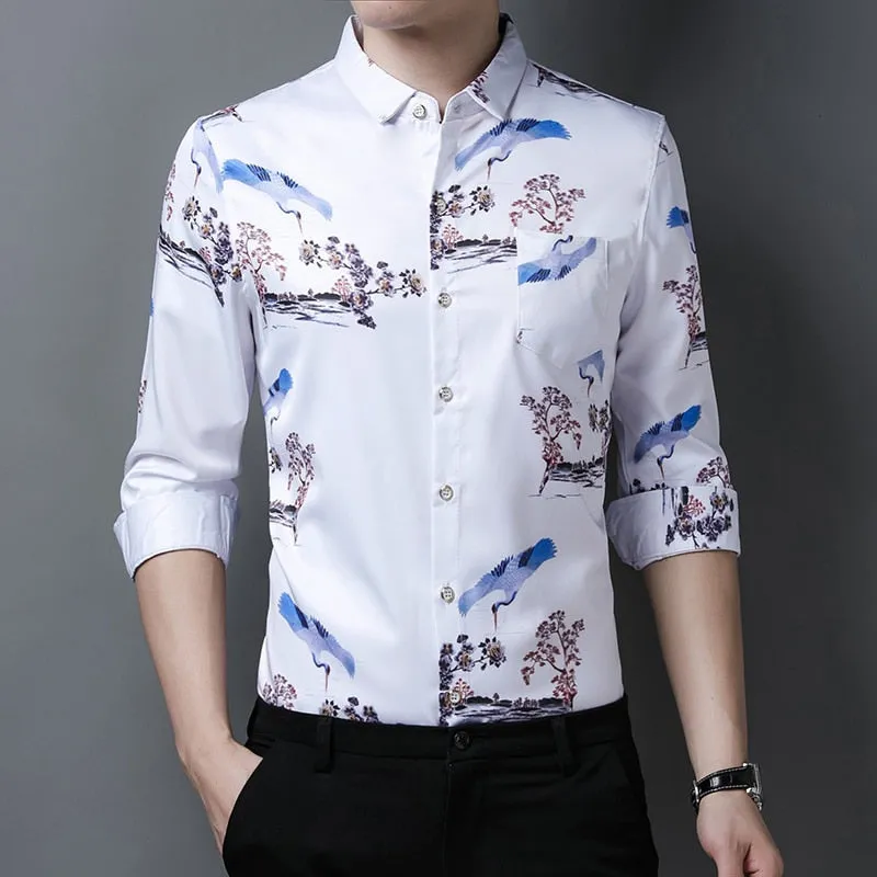 Korean Fashion Square Collar Floral Printed Long Sleeve Shirt for Men