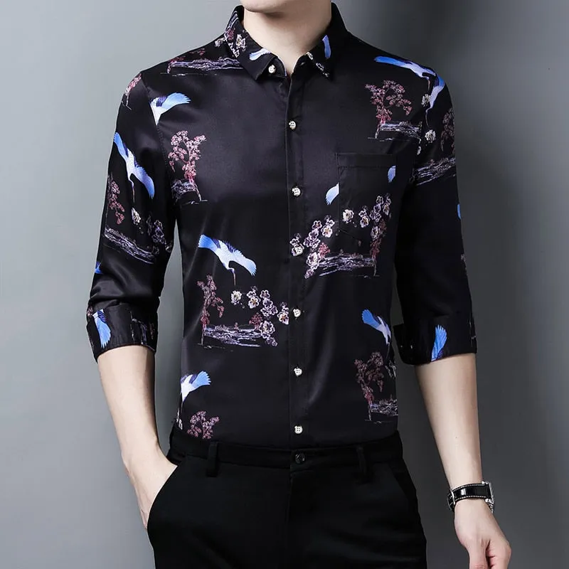 Korean Fashion Square Collar Floral Printed Long Sleeve Shirt for Men