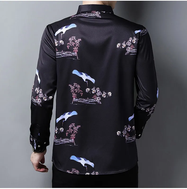 Korean Fashion Square Collar Floral Printed Long Sleeve Shirt for Men