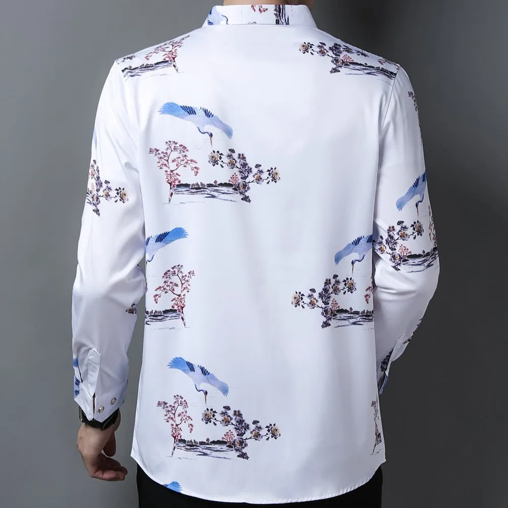 Korean Fashion Square Collar Floral Printed Long Sleeve Shirt for Men