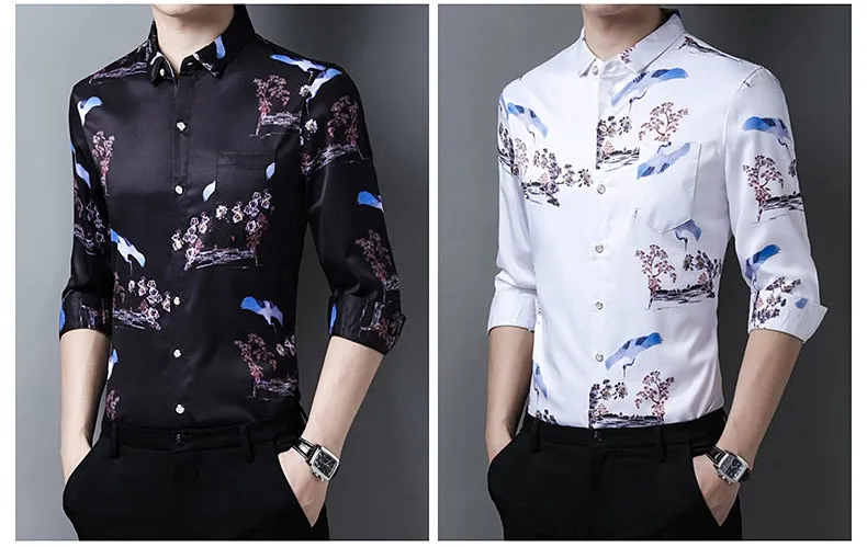 Korean Fashion Square Collar Floral Printed Long Sleeve Shirt for Men