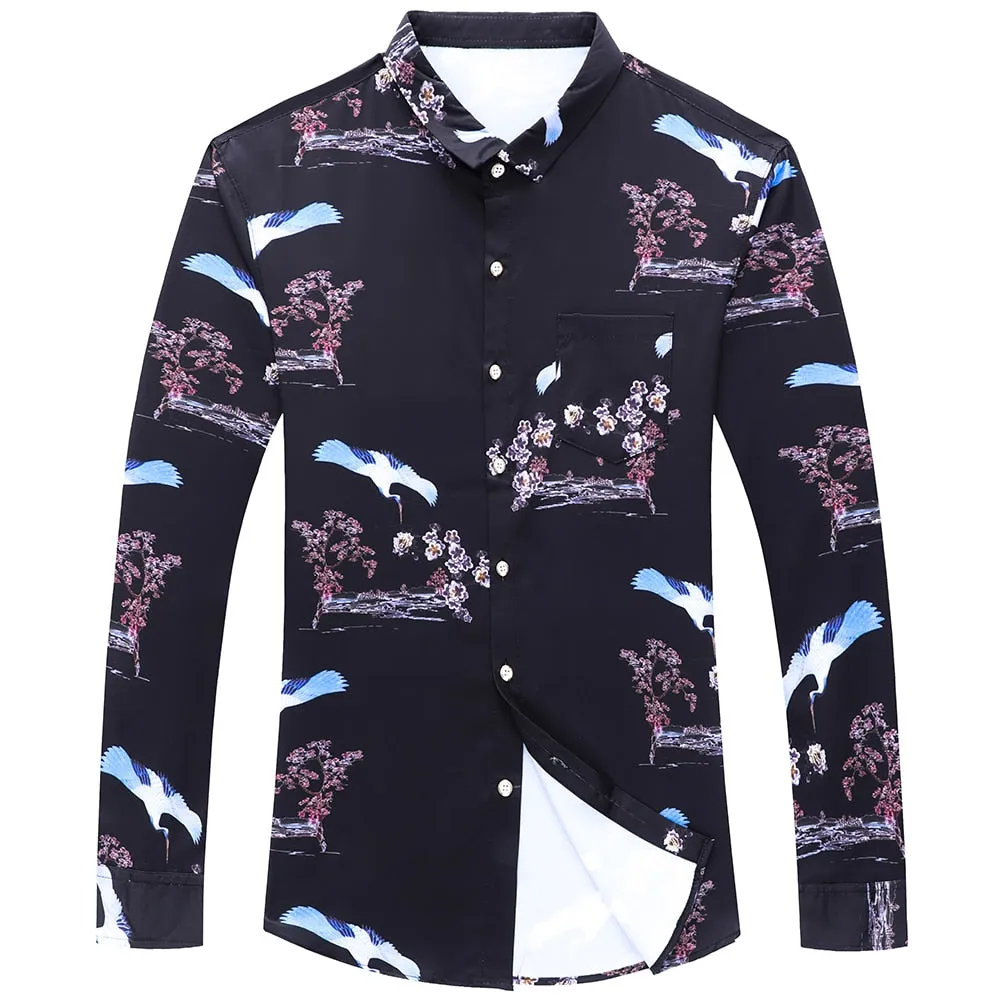 Korean Fashion Square Collar Floral Printed Long Sleeve Shirt for Men