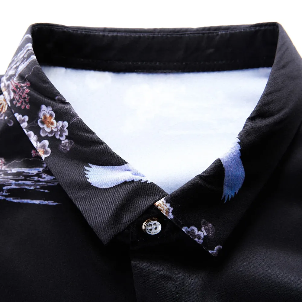 Korean Fashion Square Collar Floral Printed Long Sleeve Shirt for Men