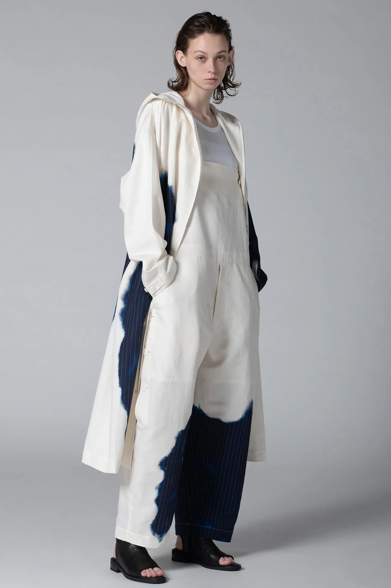 LINEN/COTTON HOODED COAT WITH PARTIAL PINSTRIPE PATTERN