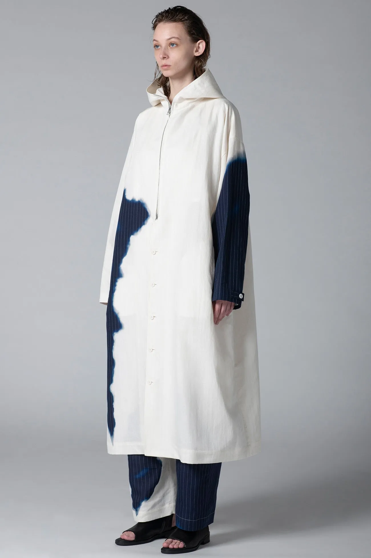 LINEN/COTTON HOODED COAT WITH PARTIAL PINSTRIPE PATTERN