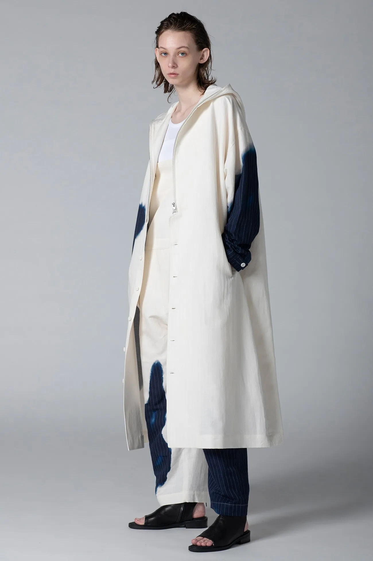 LINEN/COTTON HOODED COAT WITH PARTIAL PINSTRIPE PATTERN