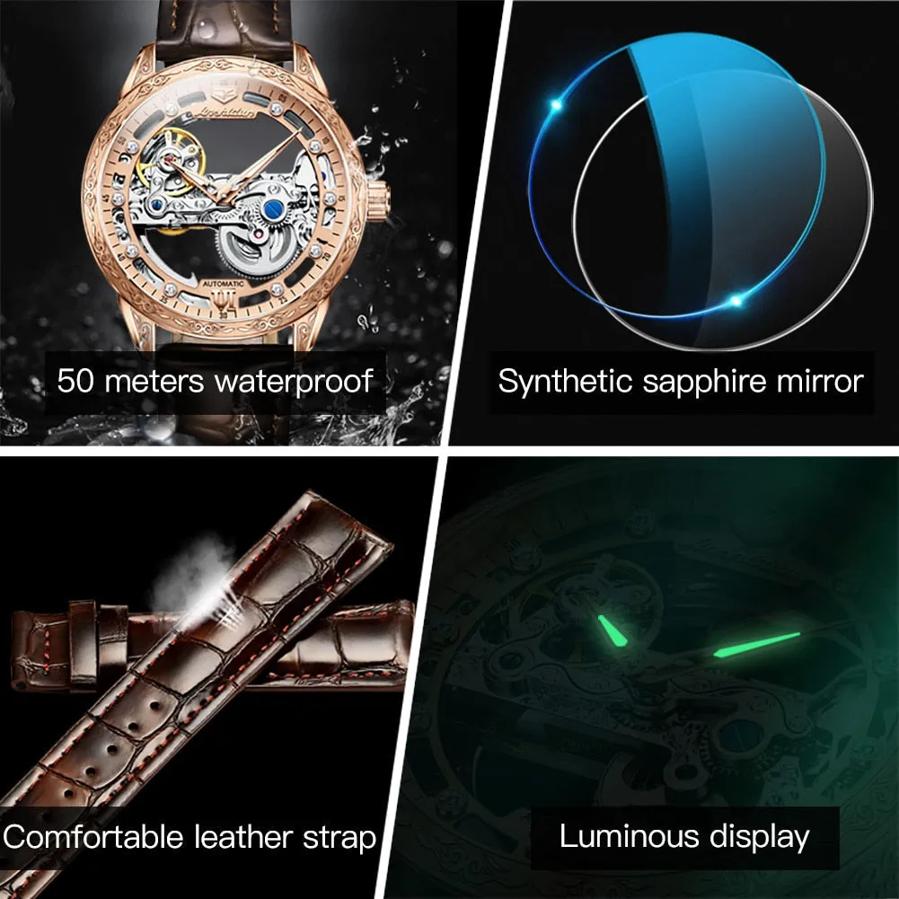 Luxury Luminous Sapphire Skeleton Automatic Mechanical Watch for Men