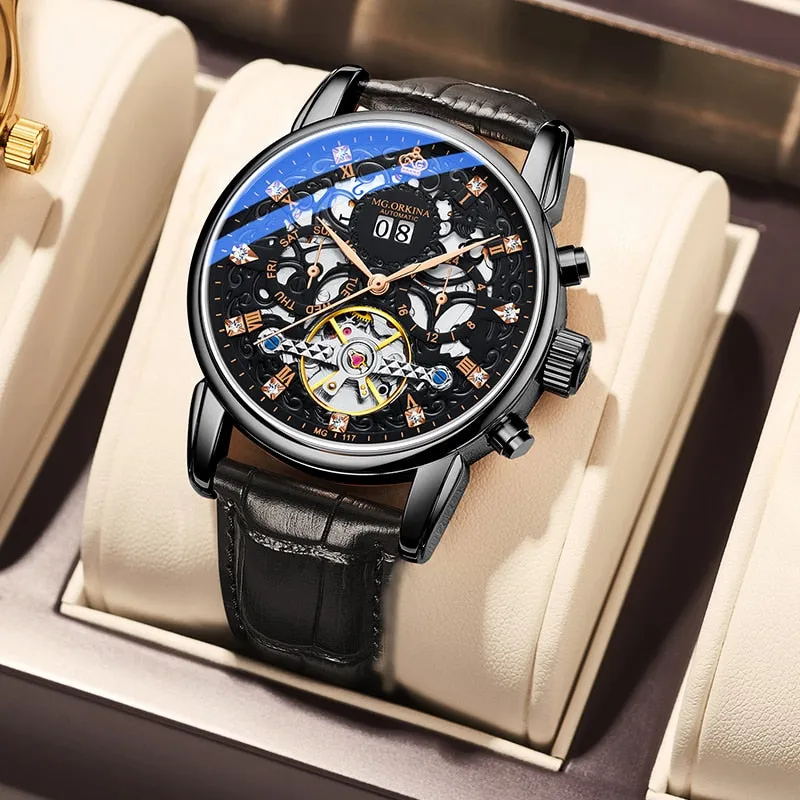 Luxury Skeleton Genuine Leather Strap Waterproof Wristwatch for Men