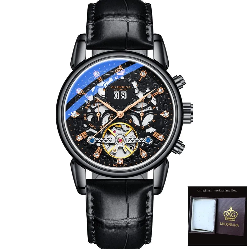 Luxury Skeleton Genuine Leather Strap Waterproof Wristwatch for Men