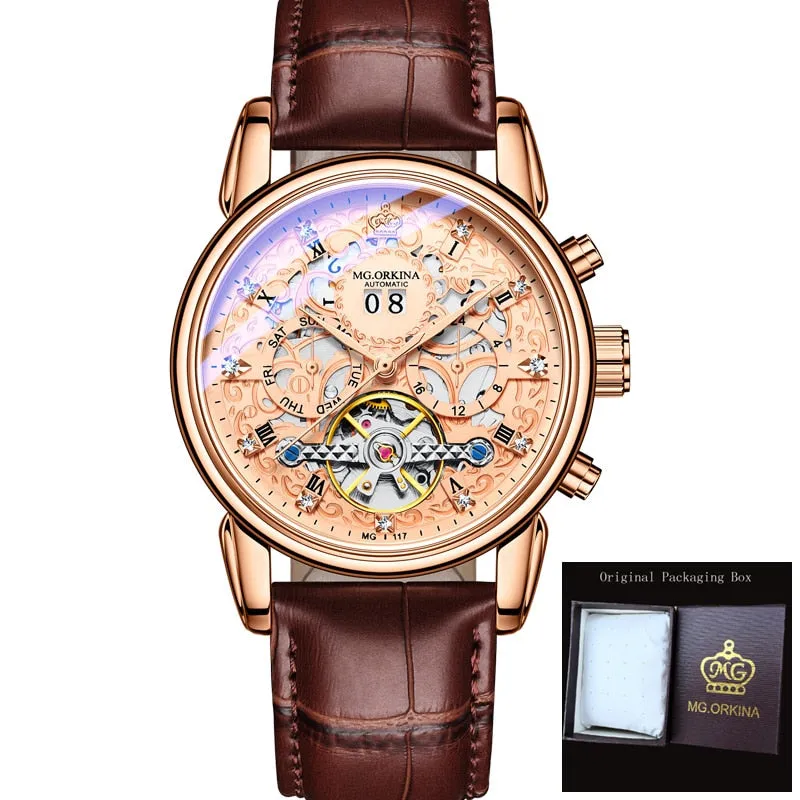 Luxury Skeleton Genuine Leather Strap Waterproof Wristwatch for Men