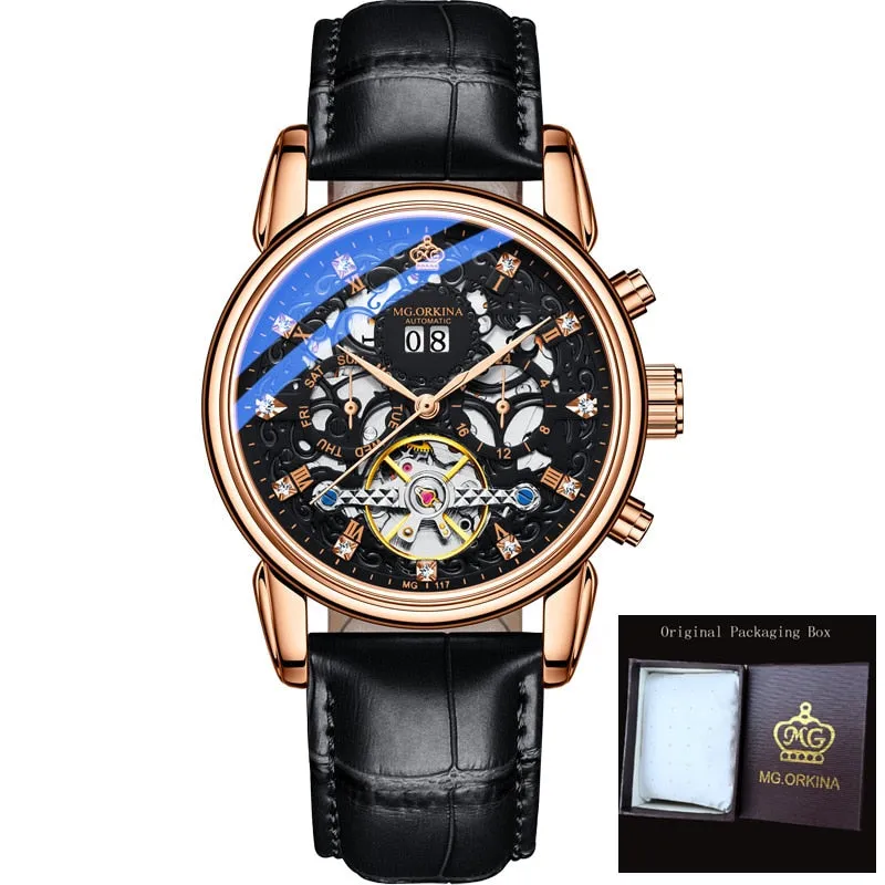 Luxury Skeleton Genuine Leather Strap Waterproof Wristwatch for Men