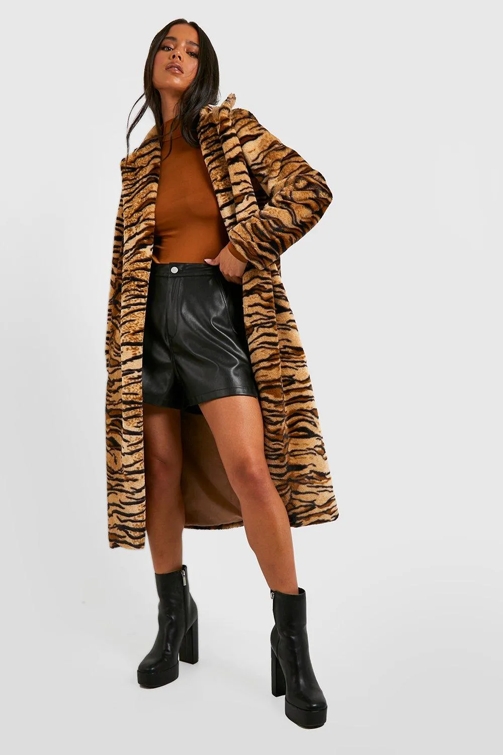 Petite Tiger Faux Fur Longline Coat