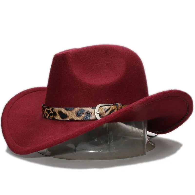 Unisex Retro Formal Leopard Printed Leather Band Wide Brim Cowboy Hat