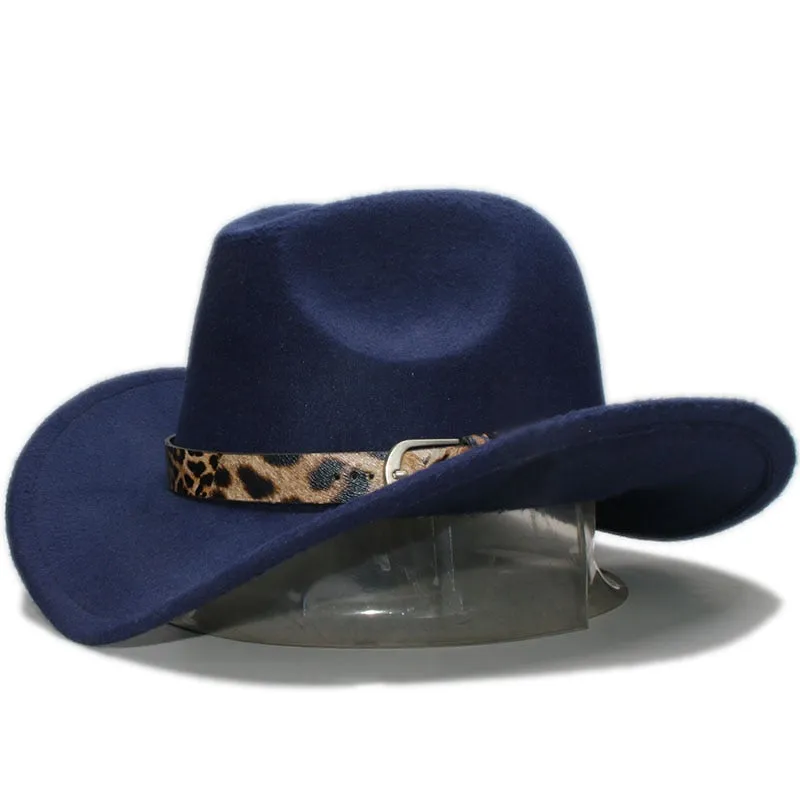 Unisex Retro Formal Leopard Printed Leather Band Wide Brim Cowboy Hat