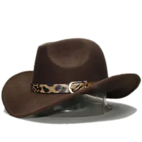 Unisex Retro Formal Leopard Printed Leather Band Wide Brim Cowboy Hat