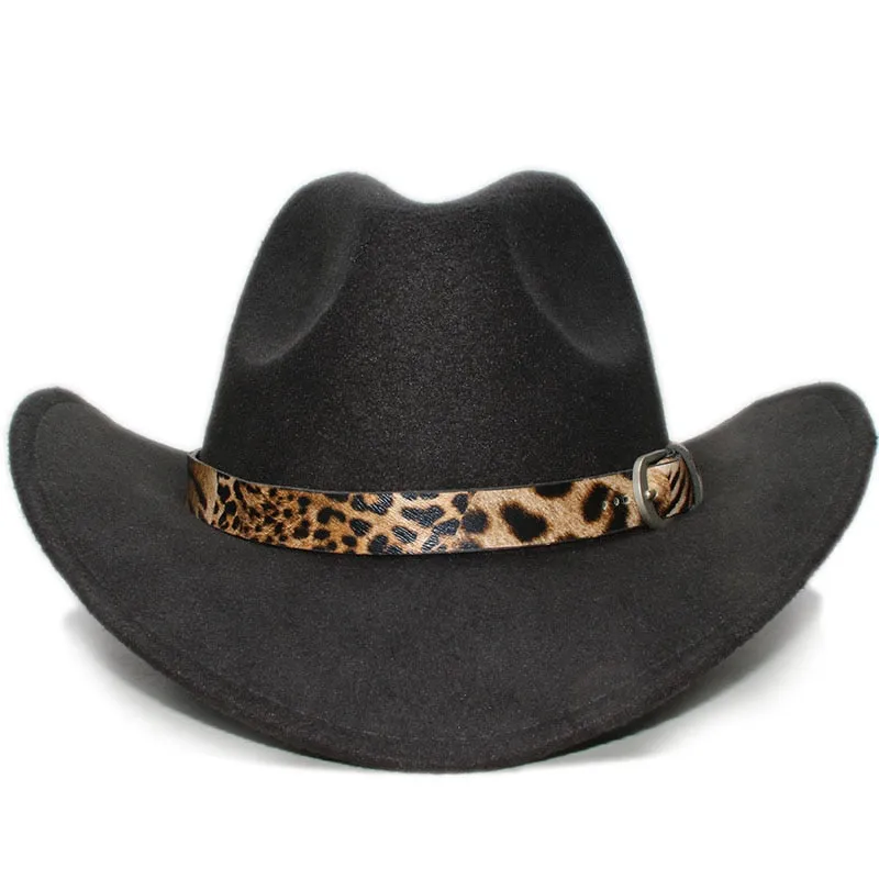 Unisex Retro Formal Leopard Printed Leather Band Wide Brim Cowboy Hat