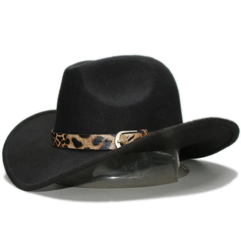 Unisex Retro Formal Leopard Printed Leather Band Wide Brim Cowboy Hat