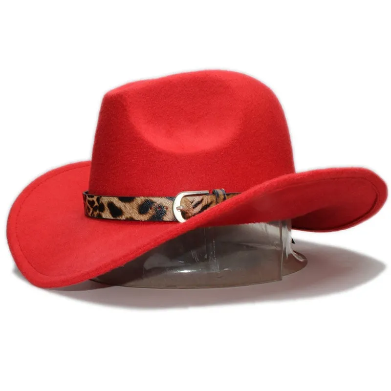 Unisex Retro Formal Leopard Printed Leather Band Wide Brim Cowboy Hat