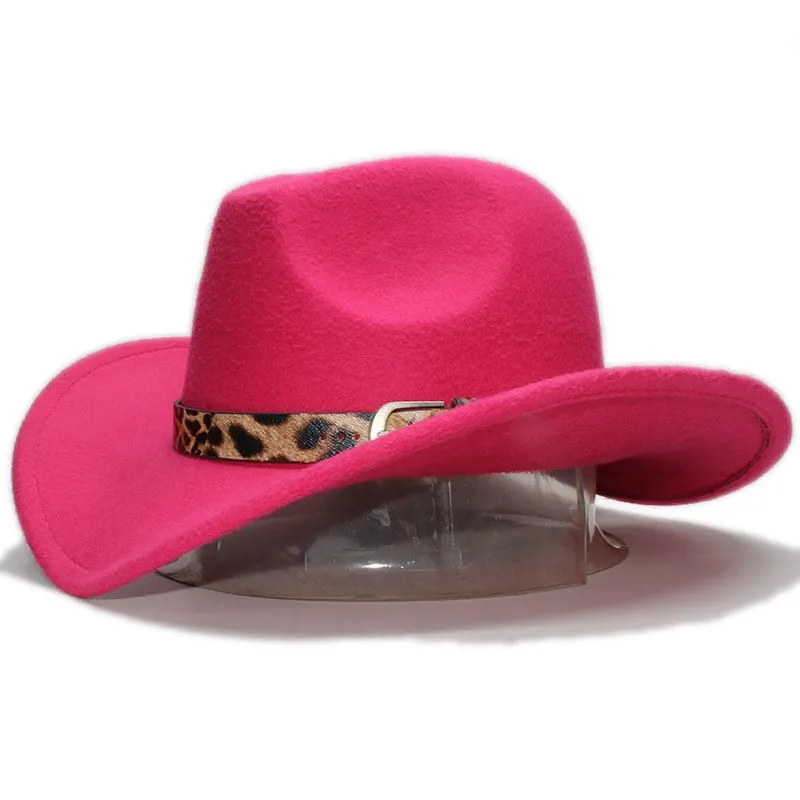 Unisex Retro Formal Leopard Printed Leather Band Wide Brim Cowboy Hat