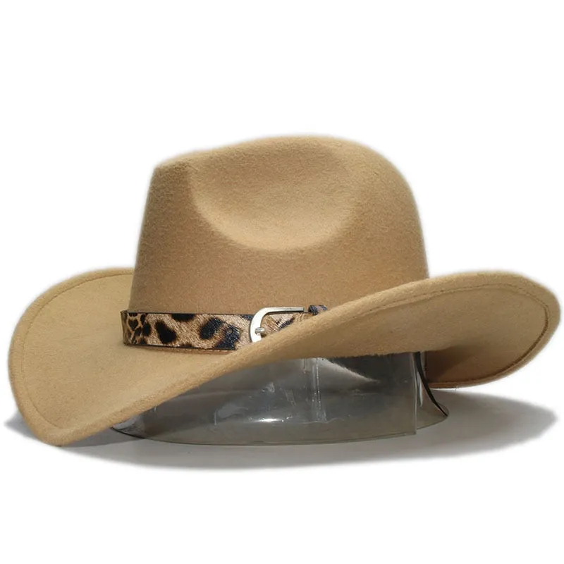 Unisex Retro Formal Leopard Printed Leather Band Wide Brim Cowboy Hat