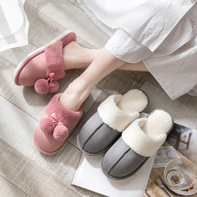 Winter Warm Unisex Cotton Thick-soled Fur Non-slip Indoor House Slippers