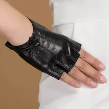 Women's Black Goatskin Half-finger Genuine Leather Warm Bow Gloves