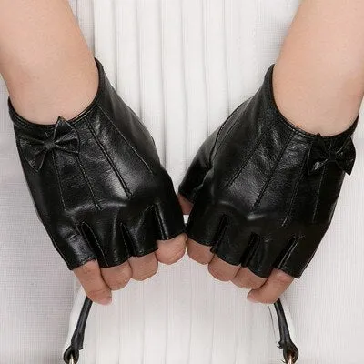 Women's Black Goatskin Half-finger Genuine Leather Warm Bow Gloves