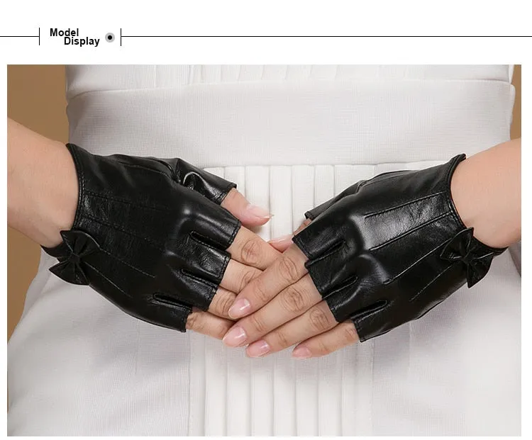 Women's Black Goatskin Half-finger Genuine Leather Warm Bow Gloves