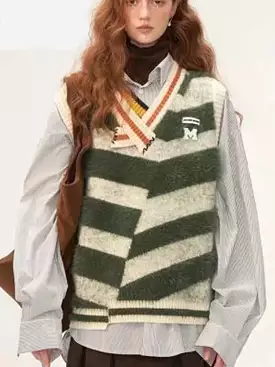 Womens Unconventional Design Stripe Mohair Sweater Vest Warm Casual Female Clothing