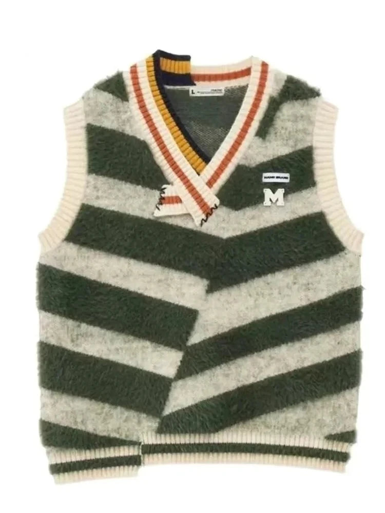 Womens Unconventional Design Stripe Mohair Sweater Vest Warm Casual Female Clothing