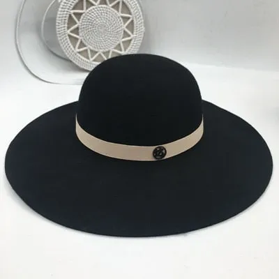 Women's Wool 9 cm Large Ribbon Decor Metal Logo Dome Sun Hat