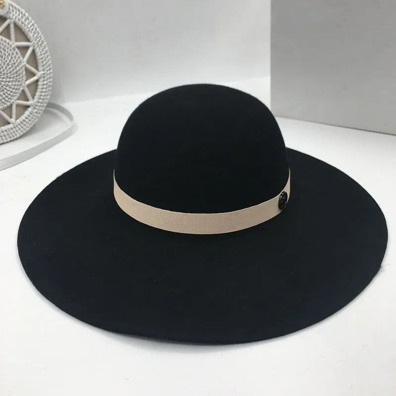 Women's Wool 9 cm Large Ribbon Decor Metal Logo Dome Sun Hat