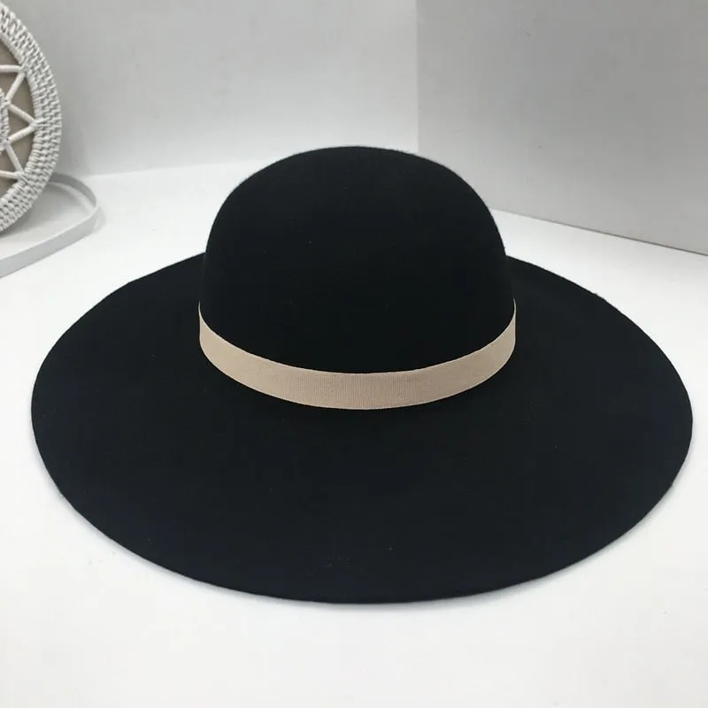 Women's Wool 9 cm Large Ribbon Decor Metal Logo Dome Sun Hat