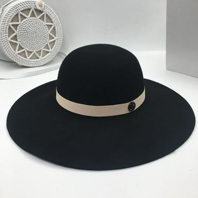 Women's Wool 9 cm Large Ribbon Decor Metal Logo Dome Sun Hat